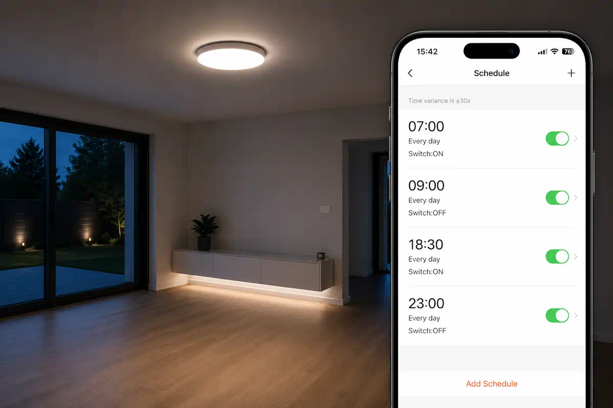 Obývačka so smart osvetlením a screenshot aplikácie Tuya s harmonogramom simulácie prítomnosti