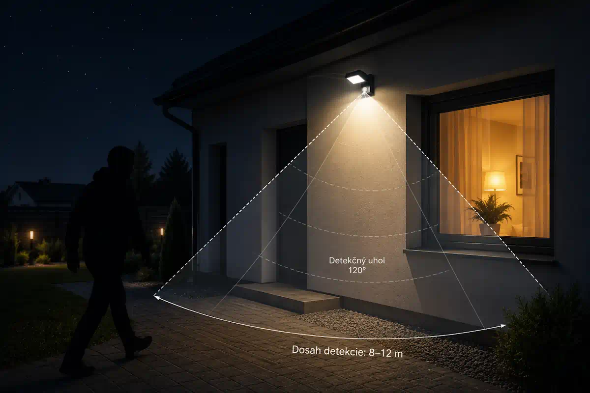 Nočná fasáda domu s PIR senzorovým reflektorom, ktorý osvetľuje príjazdovú cestu pri detekcii pohybu