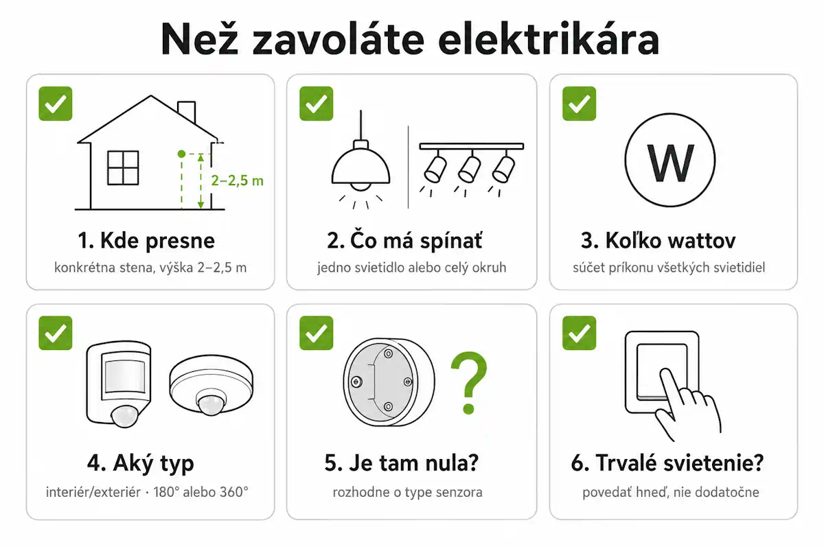 Čo si pripraviť pred príchodom elektrikára – miesto senzora, typ, spínaná záťaž vo wattoch a dostupnosť nulového vodiča