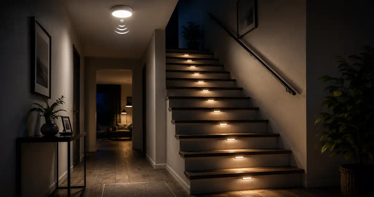 Nočná chodba a schodisko s LED senzorovým osvetlením a orientačnými svetlami