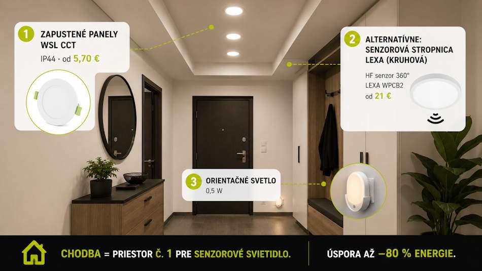 Osvetlenie chodby – zapustené LED panely CCT a senzorová stropnica LEXA s HF senzorom 360°