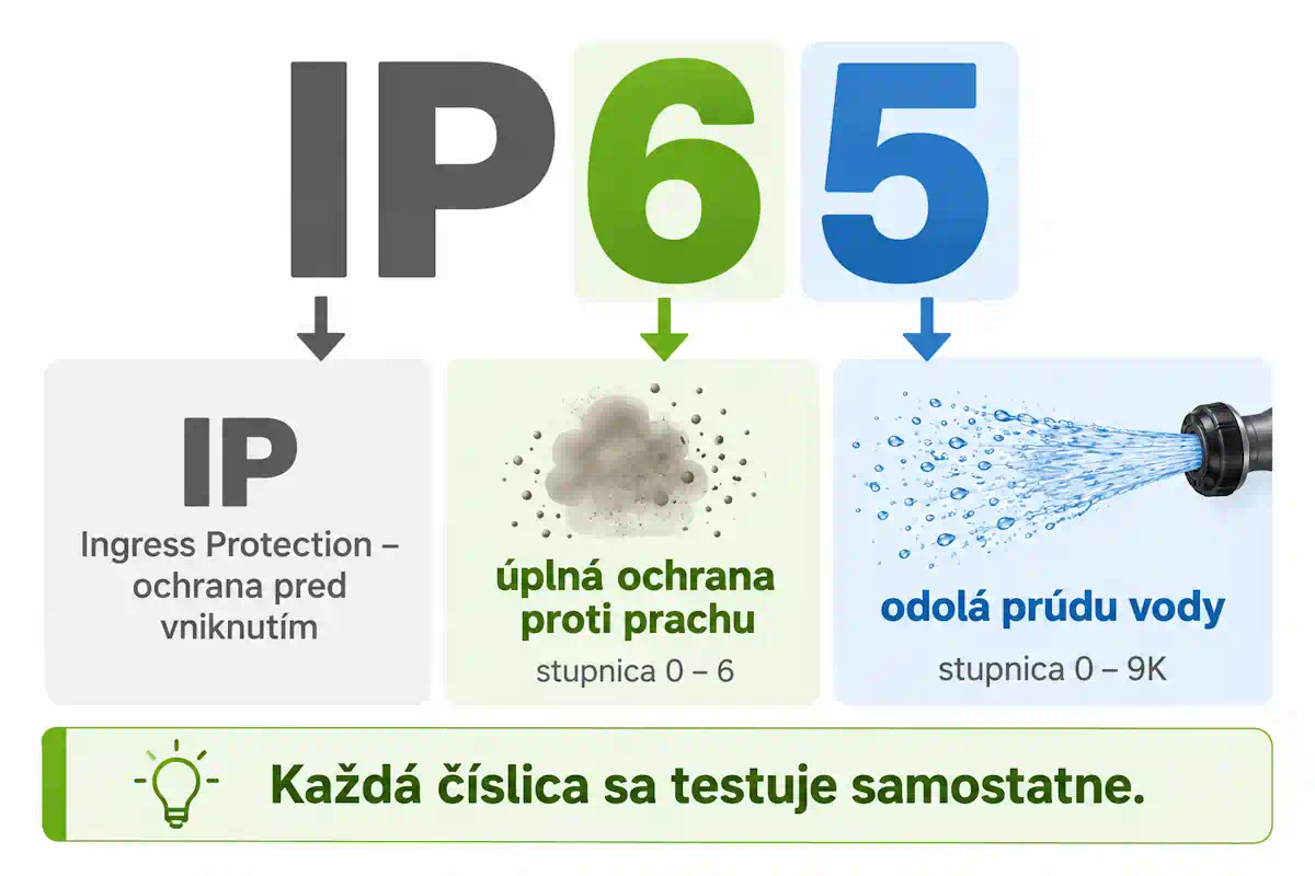 Rozklad označenia IP65 – prvá číslica znamená ochranu proti prachu, druhá číslica ochranu proti prúdu vody