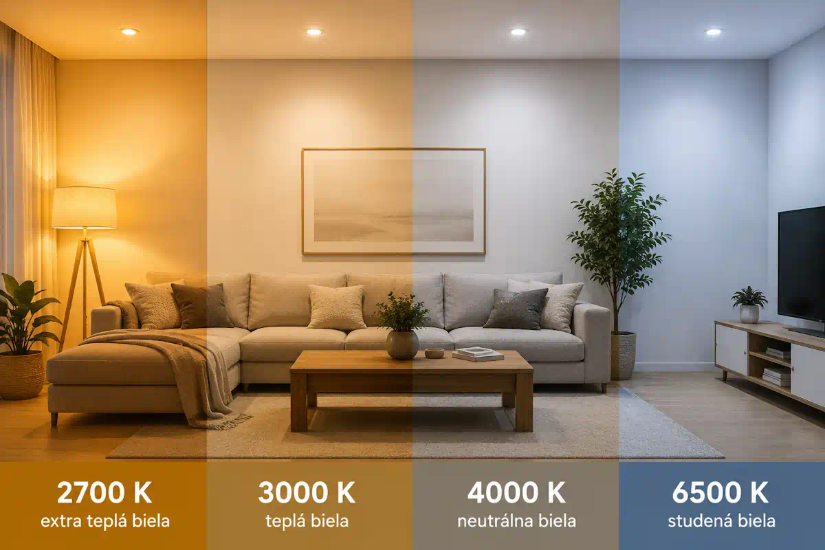 Porovnanie farebnej teploty svetla 2700 K, 3000 K, 4000 K a 6500 K v tej istej obývačke