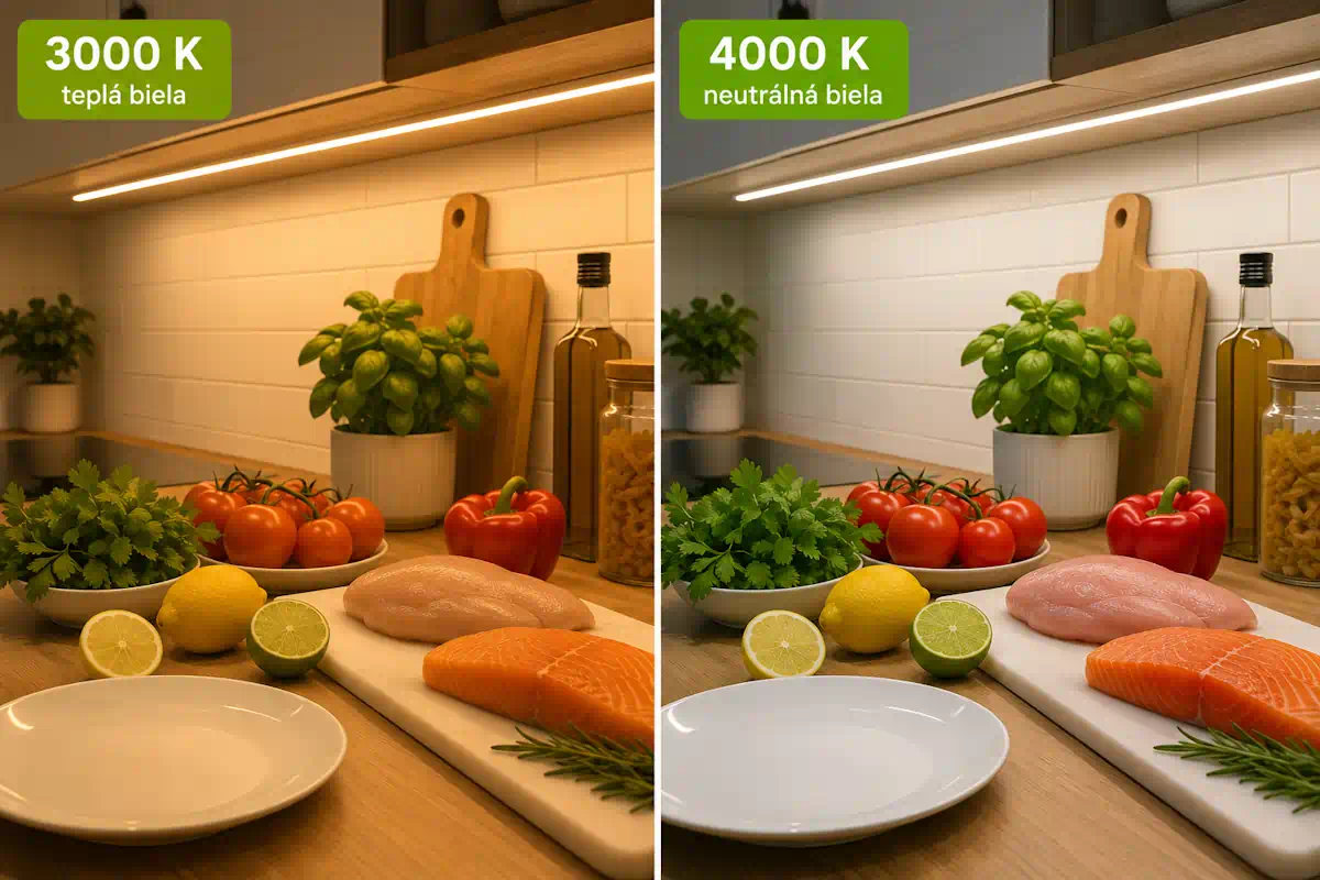 Rovnaká kuchynská linka pri 3000 K a 4000 K – rozdiel vo vernosti farieb potravín