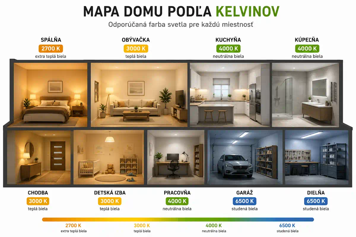 Odporúčaná farba svetla pre jednotlivé miestnosti v dome – od 2700 K v spálni po 6500 K v dielni