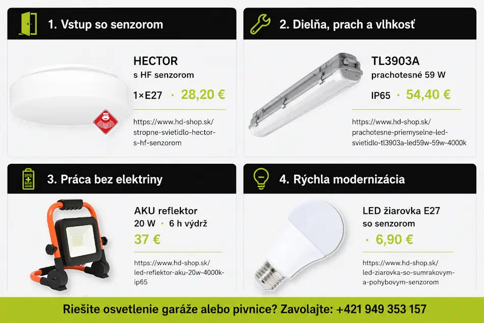 Osvetlenie garáže a pivnice – prachotesné svietidlá IP65 a stropnica s HF senzorom pohybu