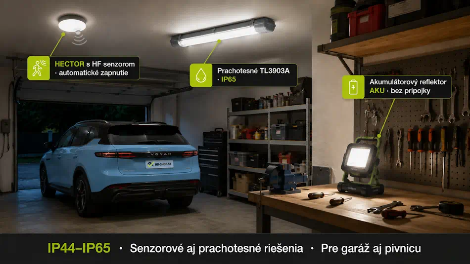 Výber osvetlenia garáže a pivnice – prachotesné svietidlá, senzorové stropnice a akumulátorové reflektory