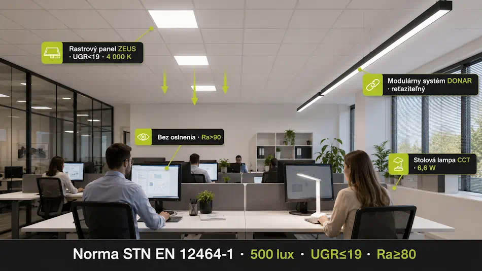 Osvetlenie kancelárie – lineárne svietidlá PILO a DONAR, rastrové panely ZEUS s UGR<19