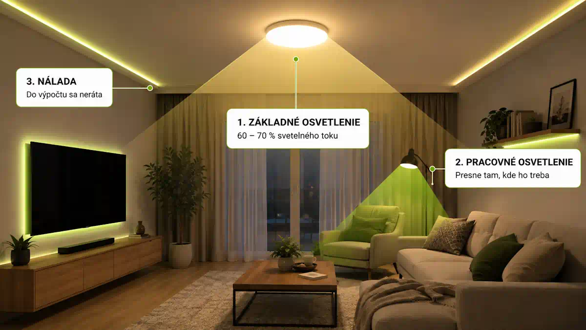 Vrstvenie svetla v obývačke – hlavné stropné osvetlenie, pracovné svetlo pri sedačke a nálada z LED pásu za nábytkom