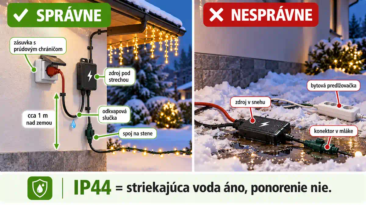 Správne umiestnenie zdroja spojovacieho vianočného osvetlenia vonku – pod strechou, nad zemou, s káblom vedeným v slučke nadol