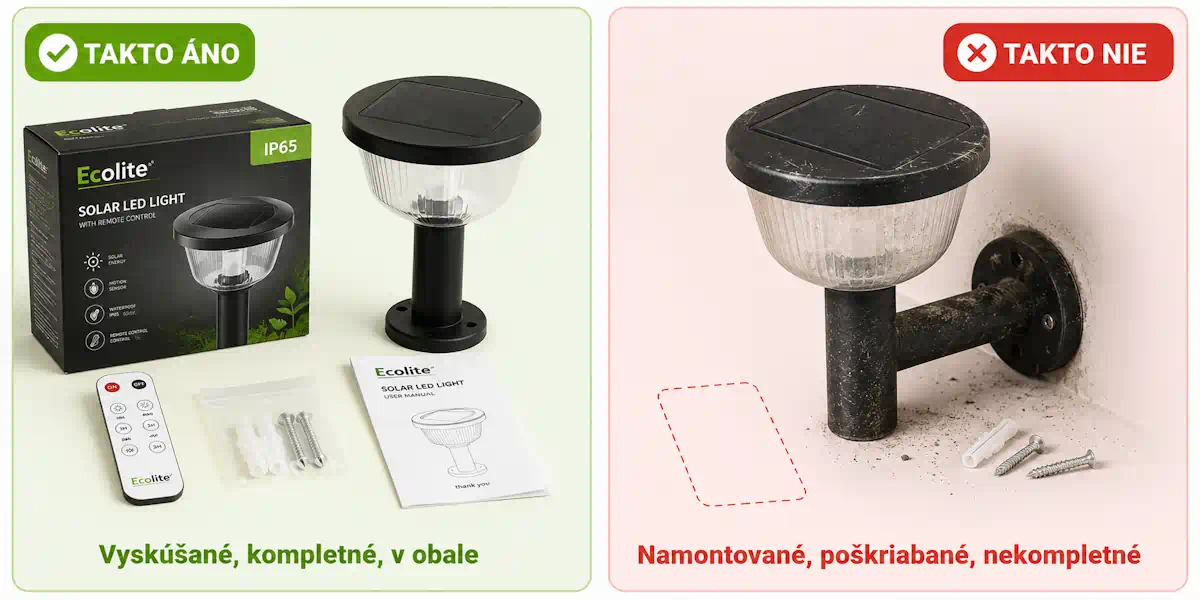 Porovnanie správne a nesprávne vráteného svietidla – kompletné v originálnom obale verzus namontované a poškriabané