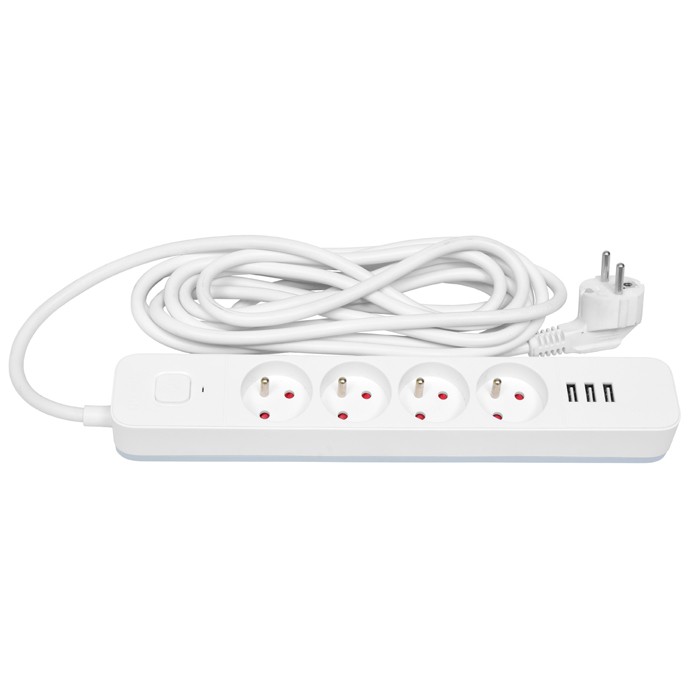 Predlžovací prívod 1,5 m, 4 zásuvky, 3× USB, s vypínačom, 3×1,5 mm², biely (FU4-1,5)