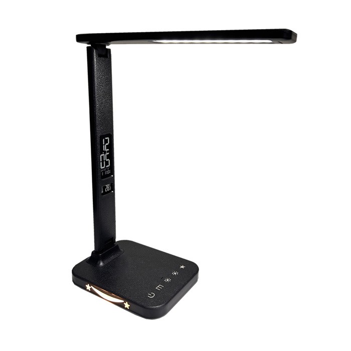 Stolná LED lampa WEST s hodinami a USB, 8 W, CCT, čierna (LU19AC-CR)