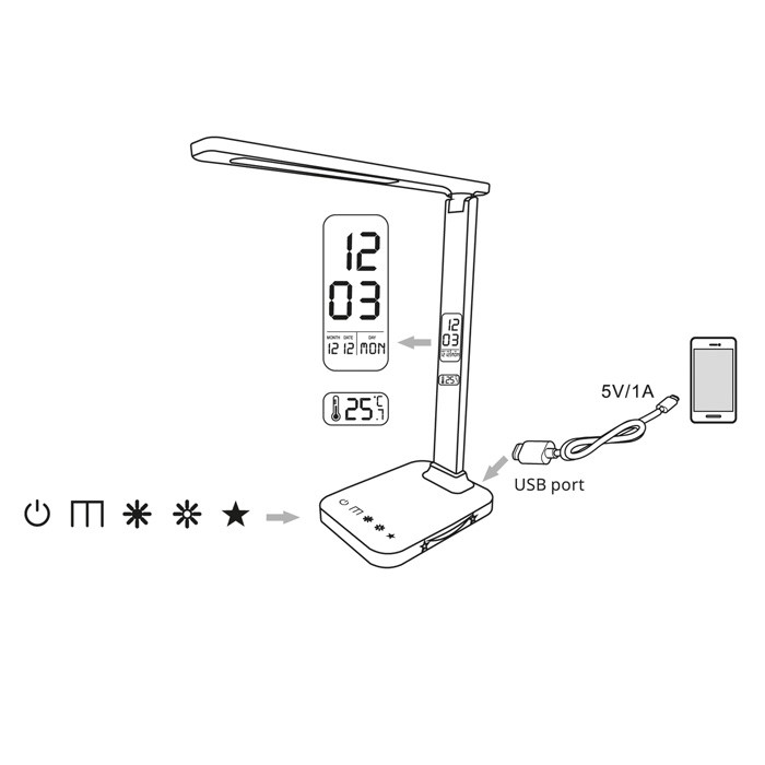 Stolná LED lampa WEST s hodinami a USB, 8 W, CCT, čierna (LU19AC-CR)