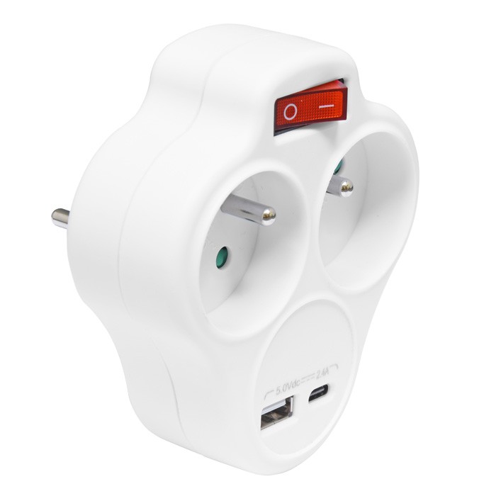 Rozbočovač 2-násobný V s USB-A, USB-C a vypínačom, biely (XQFZBK-01/3)