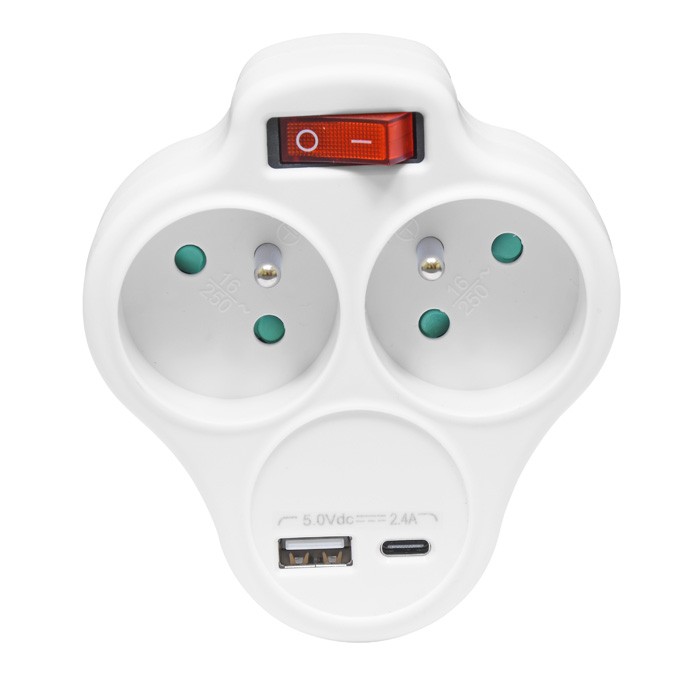 Rozbočovač 2-násobný V s USB-A, USB-C a vypínačom, biely (XQFZBK-01/3)