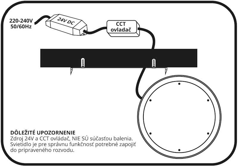 Schéma zapojenia LED panela Ecolite LADA 2 24V – zdroj 24 V DC, CCT ovládač a panel
