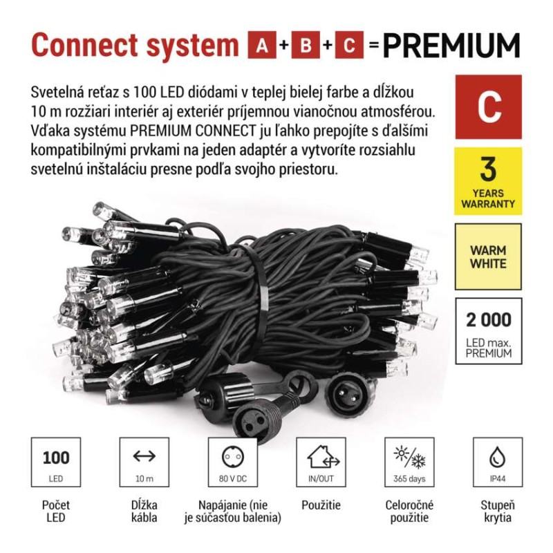 Premium LED spojovacia reťaz čierna, 10 m, vonkajšia aj vnútorná, teplá biela, časovač