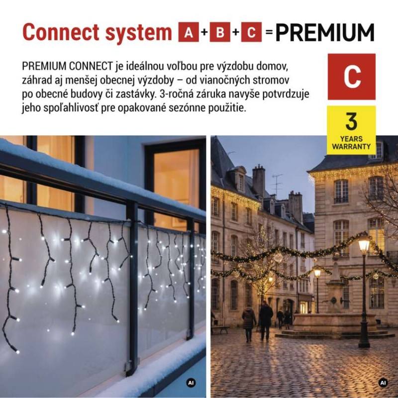 Premium LED spojovacia reťaz čierna – cencúle, 3 m, vonkajšia, studená biela