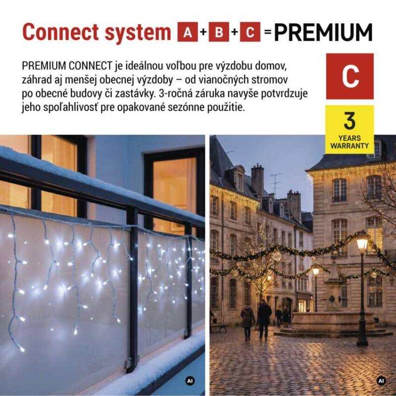Premium LED spojovacia reťaz preblikujúca biela – cencúle, 3 m, vonk., studená biela