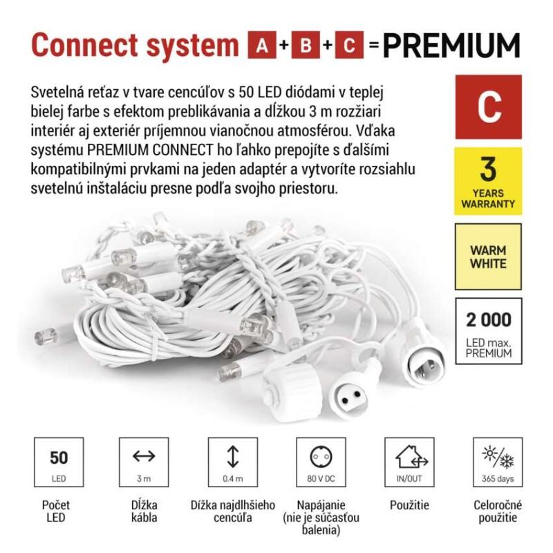 Premium LED spojovacia reťaz blikajúca biela – cencúle, 3 m, vonkajšia, teplá biela