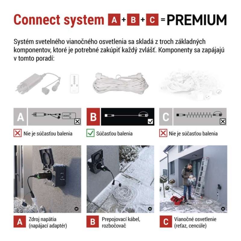 Predlžovací kábel pre spojovacie reťaze Premium biely, 10 m, vonkajší aj vnútorný