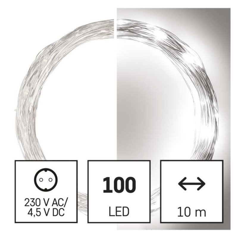 LED vianočná nano reťaz strieborná, 10 m, vonkajšia aj vnútorná, studená biela, časovač