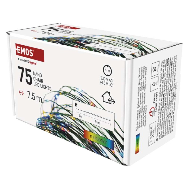 LED vianočná nano reťaz zelená, 7,5 m, vonkajšia aj vnútorná, multicolor, časovač