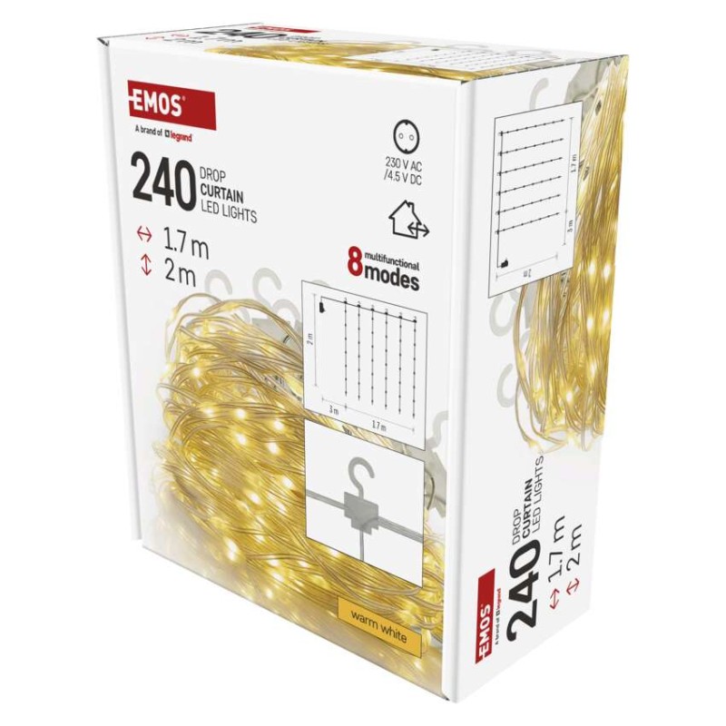 LED vianočná drop reťaz – záclona, 1,7x2 m, vonkajšia aj vnútorná, teplá biela, programy