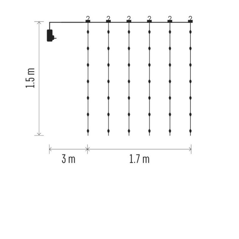LED vianočná drop reťaz – záclona, 1,7x1,5 m, vonkajšia aj vnútorná, teplá biela, programy