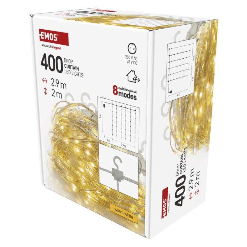 LED vianočná drop reťaz – záclona, 2,9x2 m, vonkajšia aj vnútorná, teplá biela, programy