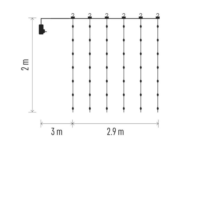 LED vianočná drop reťaz – záclona, 2,9x2 m, vonkajšia aj vnútorná, teplá biela, programy