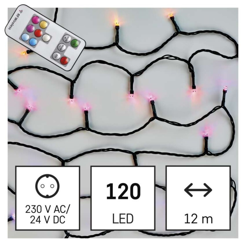 LED vianočná reťaz, 12 m, vonkajšia aj vnútorná, RGB, ovládač, programy, časovač