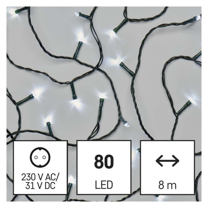LED vianočná reťaz, 8 m, vonkajšia aj vnútorná, studená biela, časovač