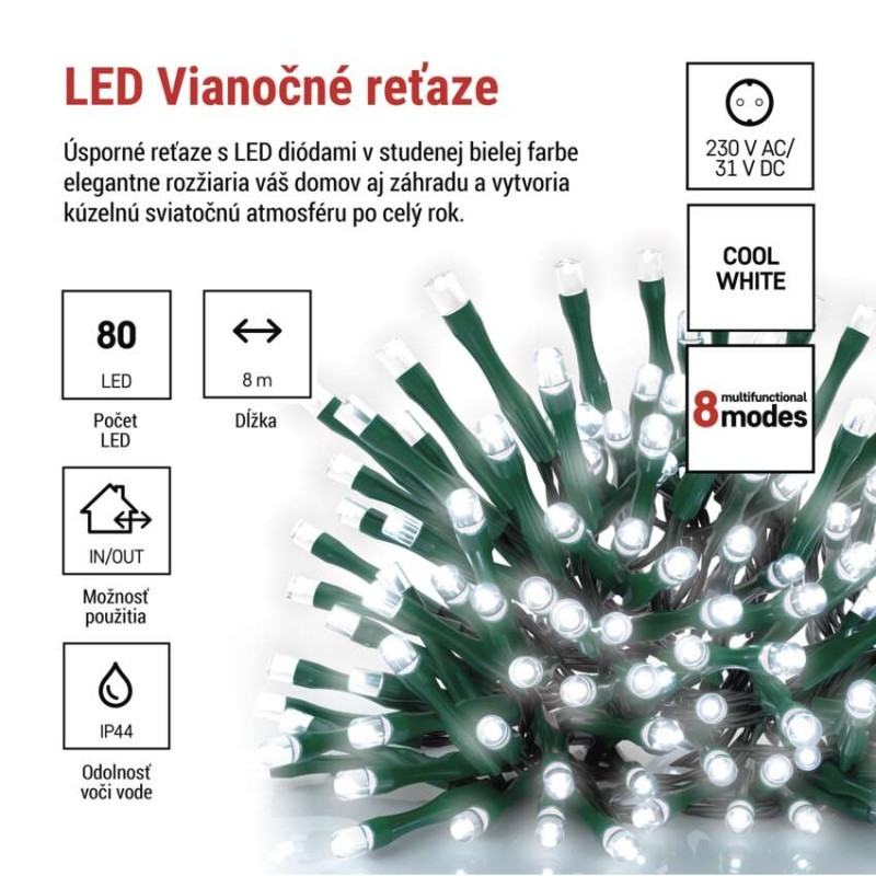 LED vianočná reťaz, 8 m, vonkajšia aj vnútorná, studená biela, programy, časovač