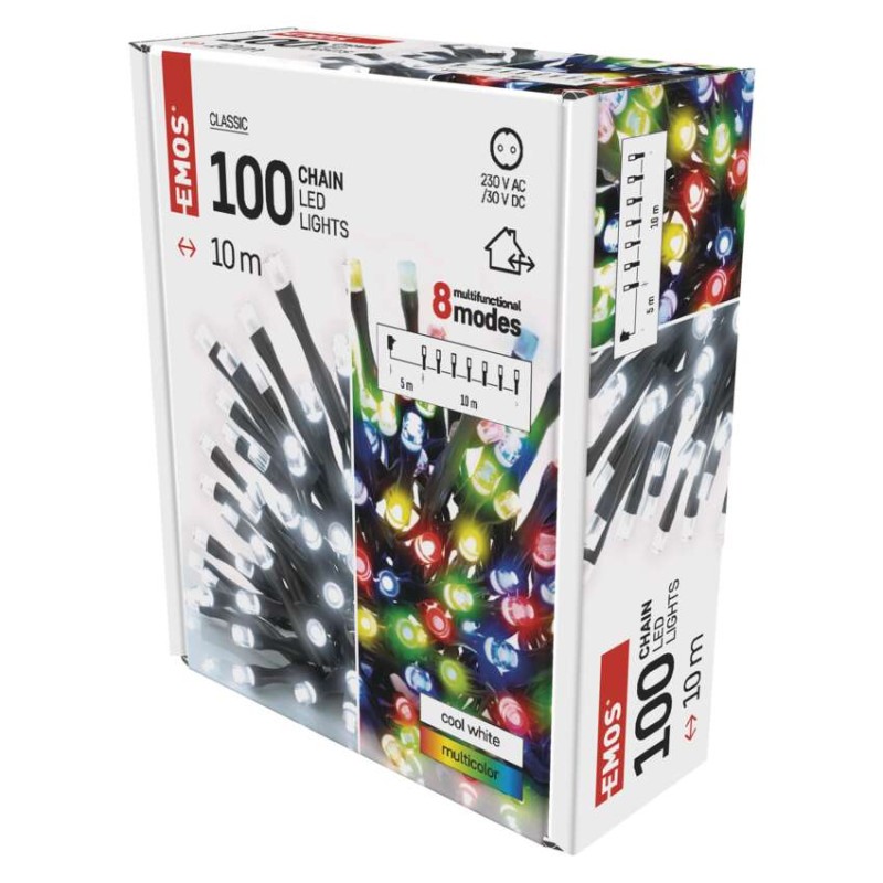 LED vianočná reťaz 2v1, 10 m, vonkajšia aj vnútorná, studená biela/multicolor, programy