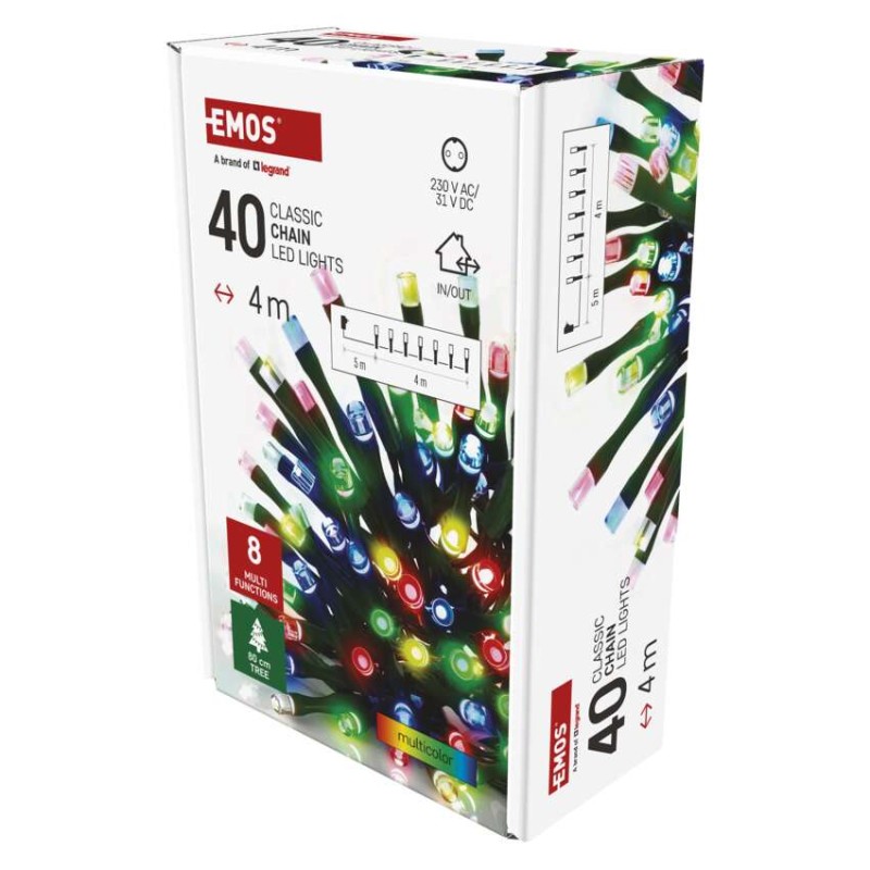 LED vianočná reťaz, 4 m, vonkajšia aj vnútorná, multicolor, programy, časovač