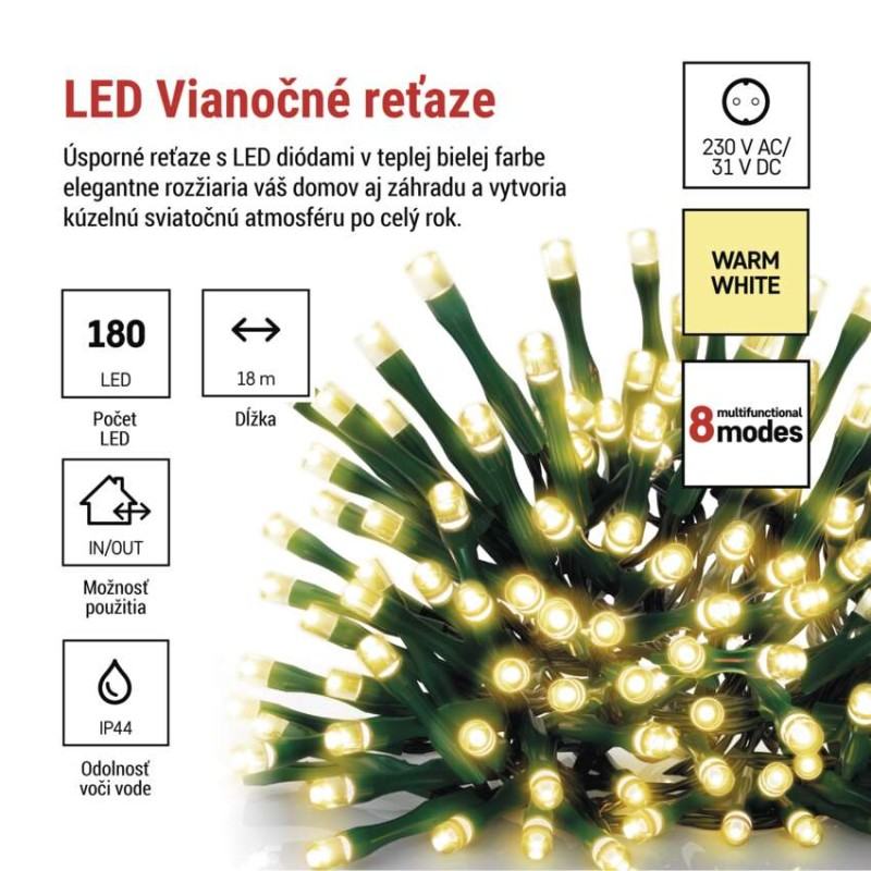 LED vianočná reťaz, 18 m, vonkajšia aj vnútorná, teplá biela, programy, časovač