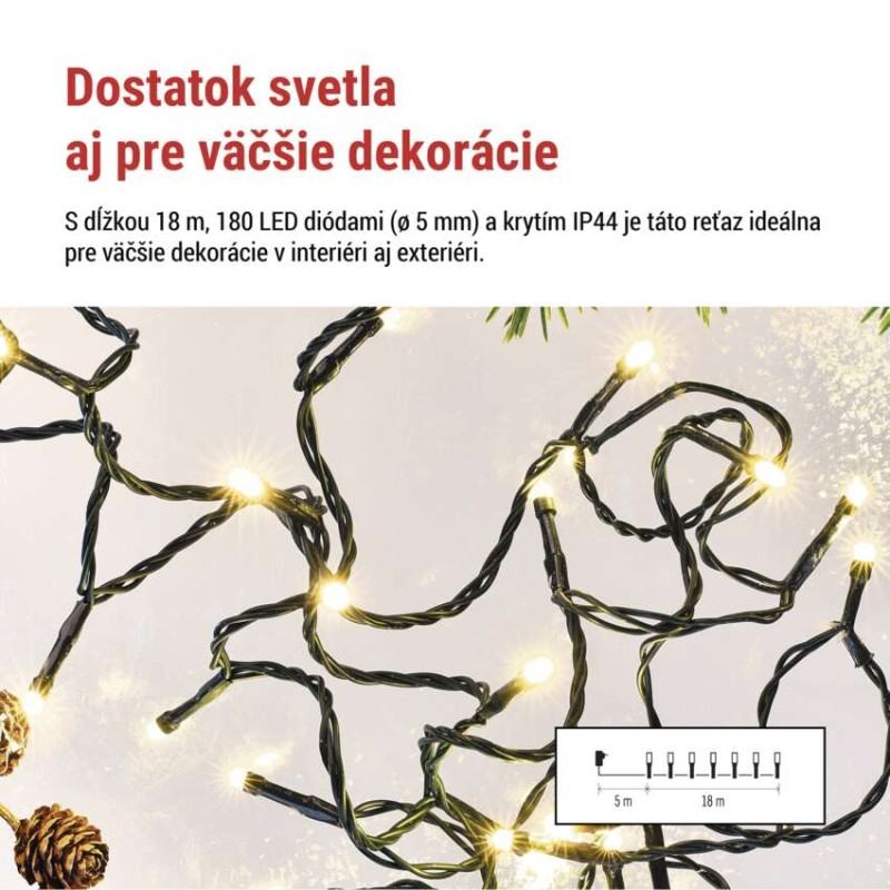 LED vianočná reťaz, 18 m, vonkajšia aj vnútorná, teplá biela, programy, časovač