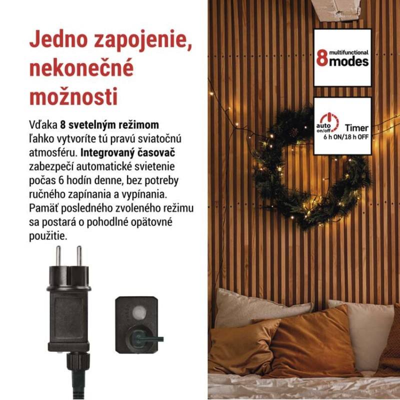 LED vianočná reťaz, 18 m, vonkajšia aj vnútorná, teplá biela, programy, časovač