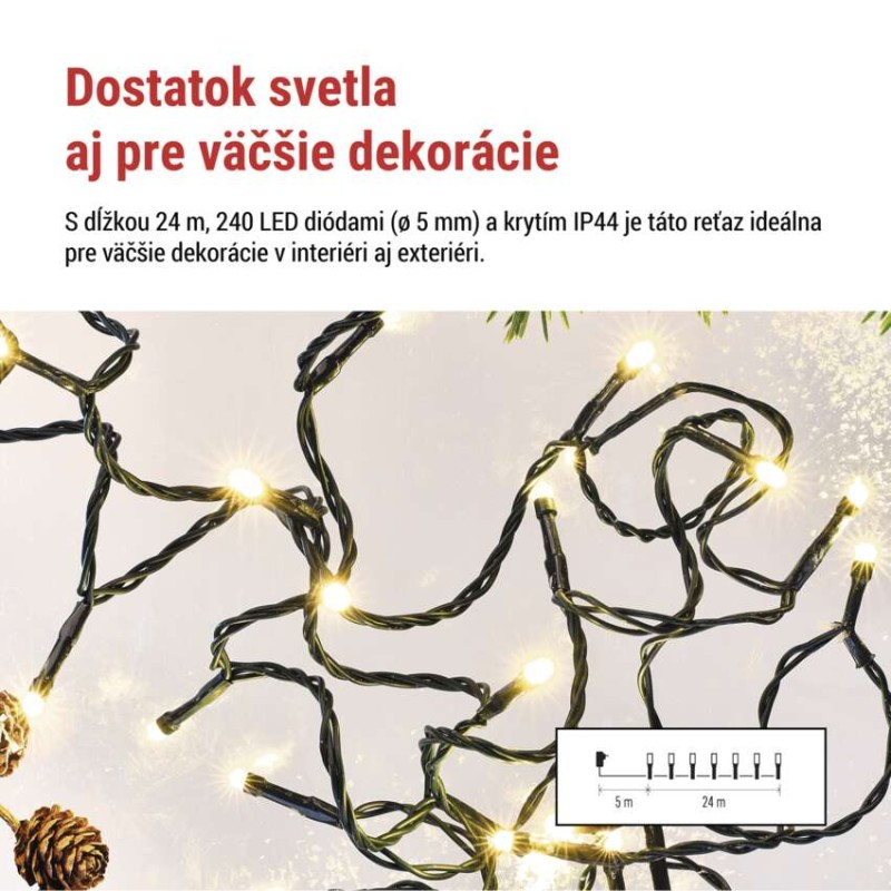 LED vianočná reťaz, 24 m, vonkajšia aj vnútorná, teplá biela, programy, časovač