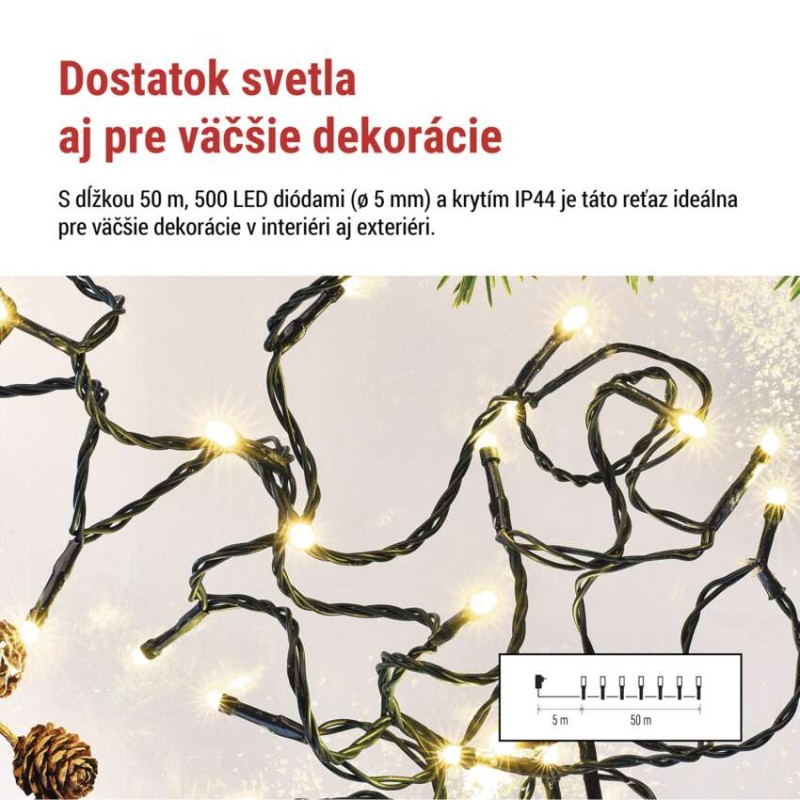 LED vianočná reťaz, 50 m, vonkajšia aj vnútorná, teplá biela, programy, časovač