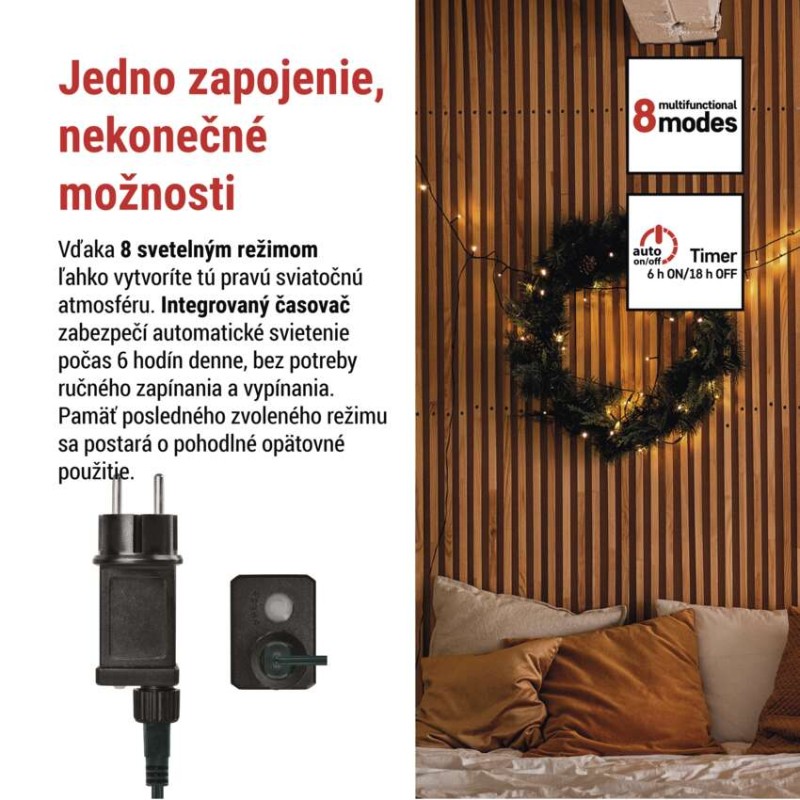 LED vianočná reťaz, 50 m, vonkajšia aj vnútorná, teplá biela, programy, časovač