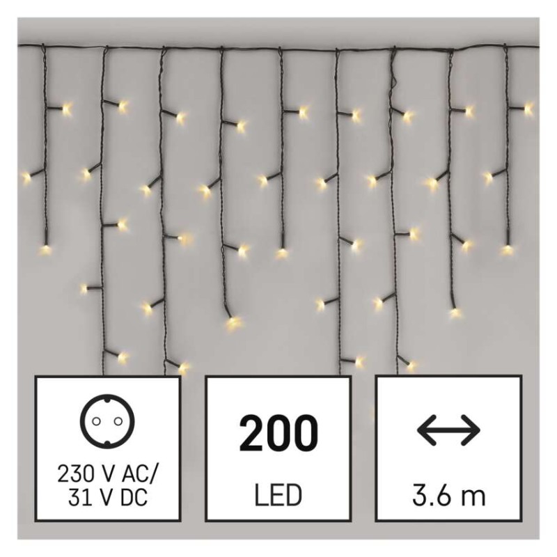 LED vianočné cencúle, 3,6 m, vonkajšie aj vnútorné, teplá biela, programy