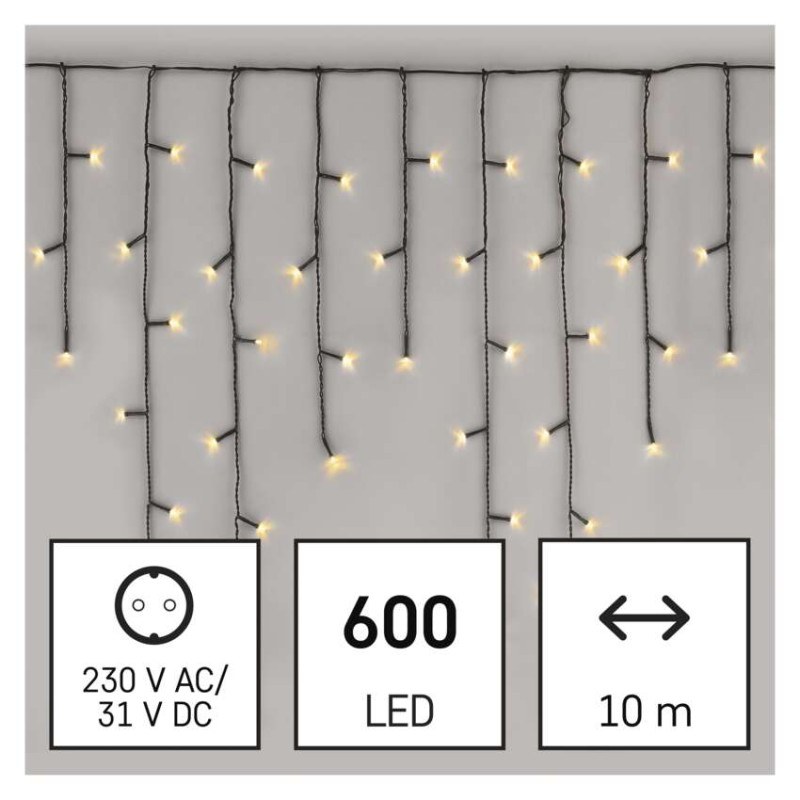 LED vianočné cencúle, 10 m, vonkajšie aj vnútorné, teplá biela, programy