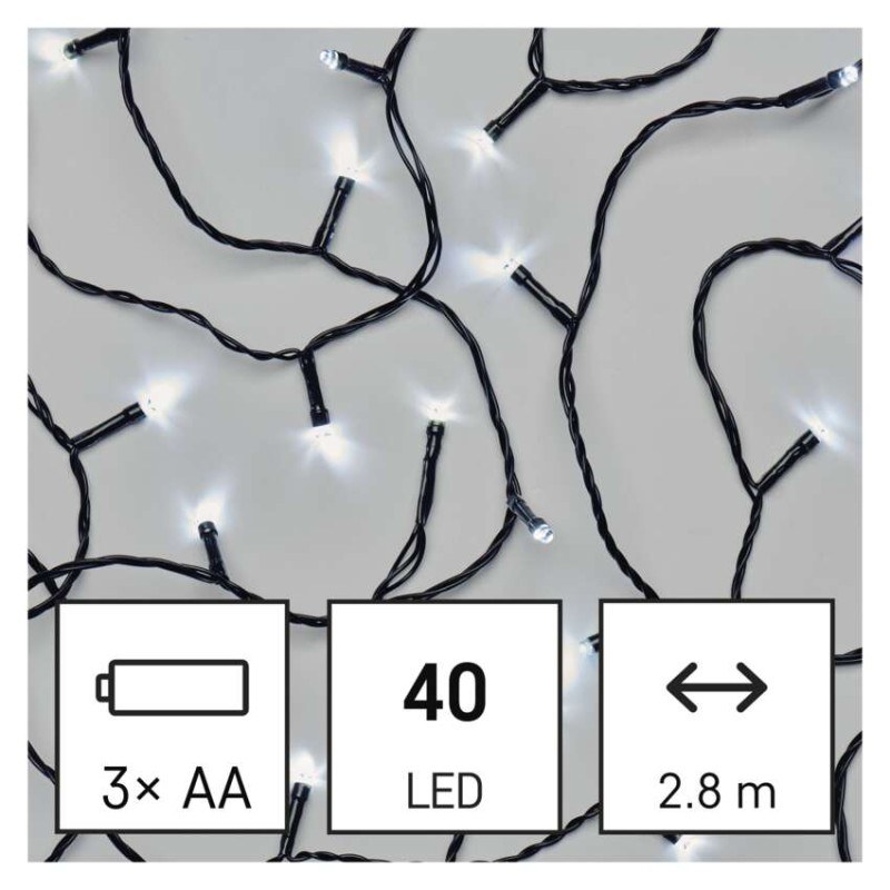 LED vianočná reťaz, 2,8 m, 3x AA, vonkajšia aj vnútorná, studená biela, časovač