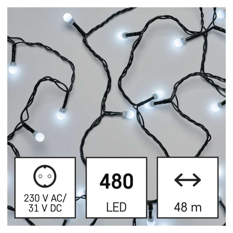 LED vianočná cherry reťaz – guličky, 48 m, vonkajšia aj vnútorná, studená biela, časovač