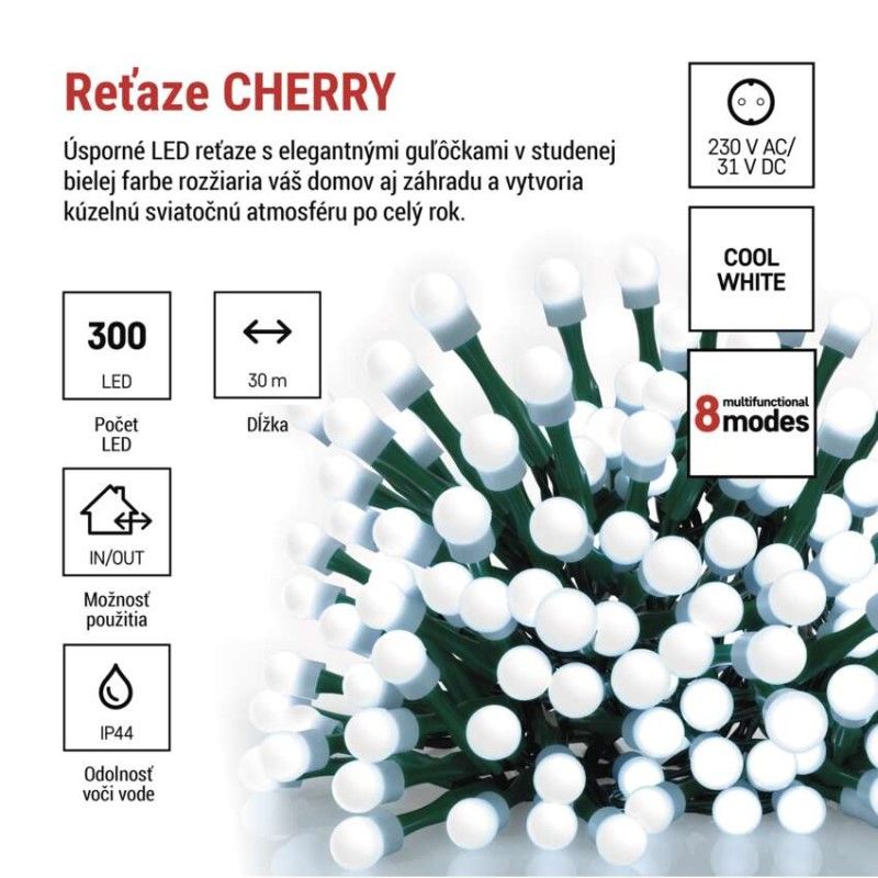 LED vianočná cherry reťaz–guličky, 30 m,vonkajšia aj vnútorná,studená biela, programy, čas