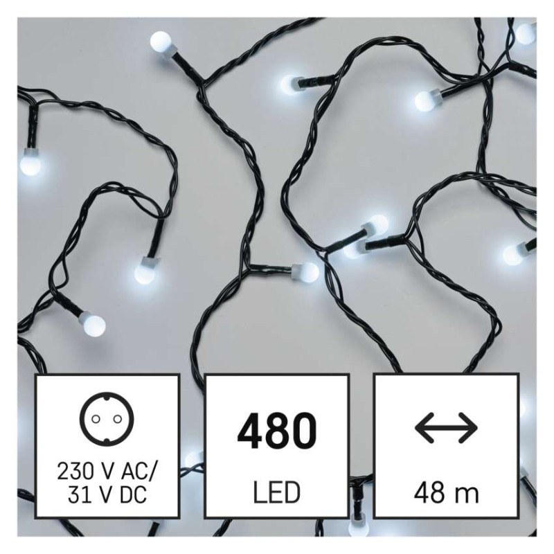 LED vianočná cherry reťaz–guličky, 48 m, vonkajšia aj vnútorná, st. biela, programy, čas