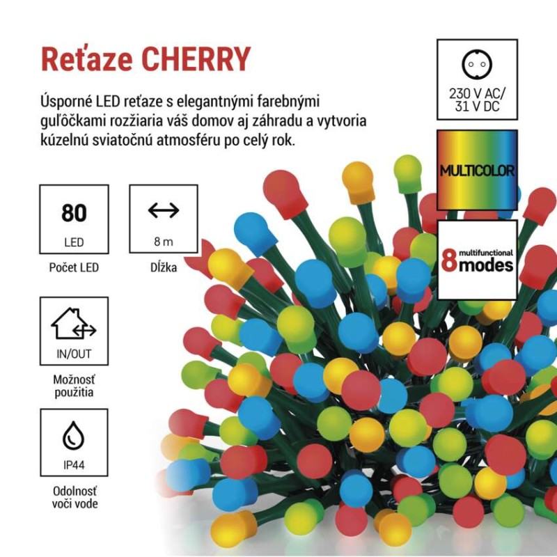 LED vianočná cherry reťaz–guličky, 8 m, vonkajšia aj vnútorná, multicolor,programy,časovač